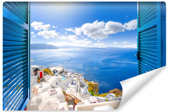 Fototapeta Do Sypialni Widok z Okna Na Santorini Krajobraz Efekt 3D 450cm x 300cm Muralo