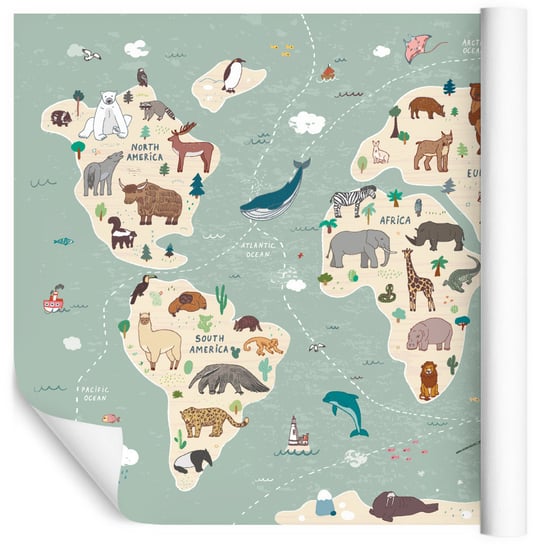 Fototapeta Dziecięca, MURALO, mapa Świata Zwierzęta 135cm x 90cm Muralo