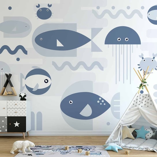 Fototapeta - Minimalistyczny ocean - geometryczne rybki i kraby w wodzie dla dzieci ARTGEIST