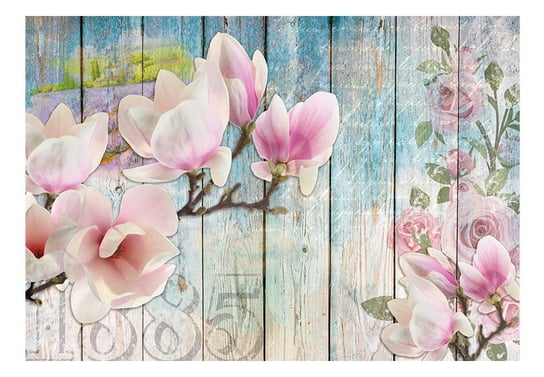 Fototapeta, Różowe kwiaty na drewnie, 350x245 cm DecoNest