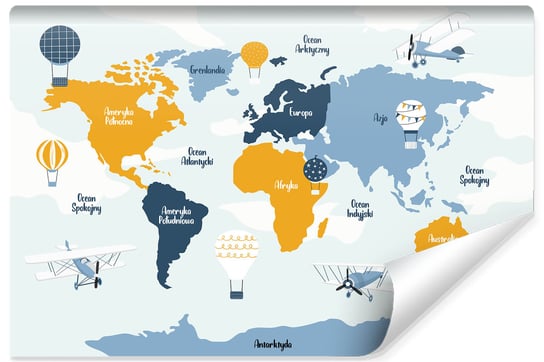 Fototapeta ścienna dla dzieci MURALO Mapa Świata Balony Samoloty Polskie Napisy, 368x254 cm Muralo