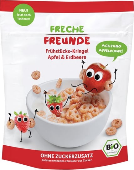 Freche Freunde, Bio, Chrupiące krążki zbożowe z jabłkami i truskawkami, 125 g Freche Freunde