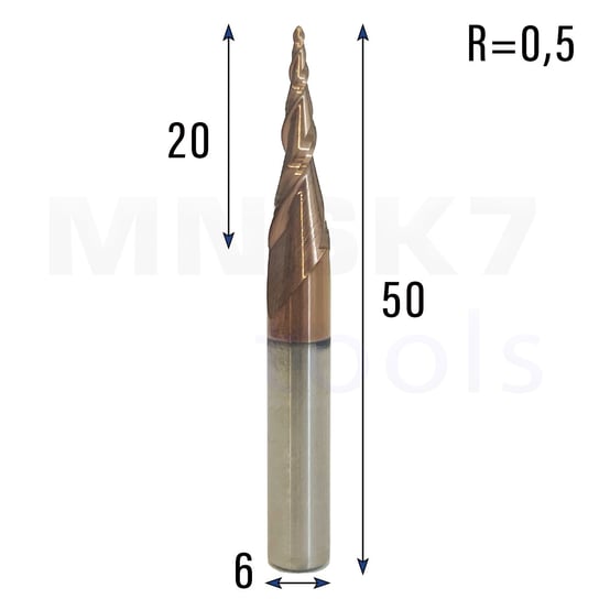 Frez spiralny stozkowo kulowy CNC HRC55 6*R0.5*20*50 7.13° (HUHAO) Inna marka