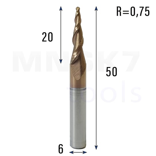 Frez spiralny stozkowo kulowy CNC HRC55 6*R0.75*20*50 6.42° (HUHAO) Inna marka