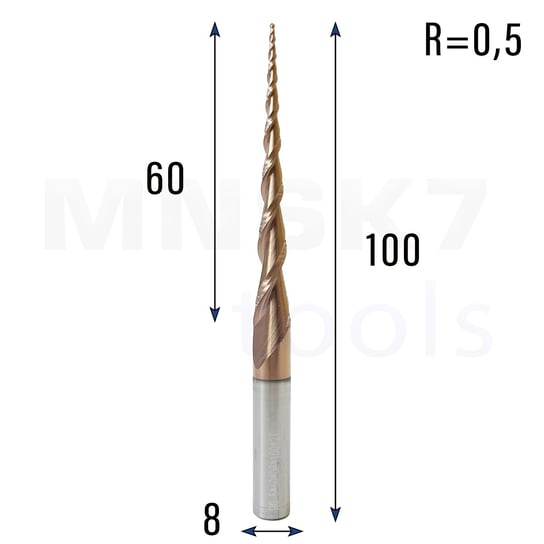 Frez spiralny stozkowo kulowy CNC HRC55 8*R0.5*60*100 3.34° (HUHAO) Inna marka