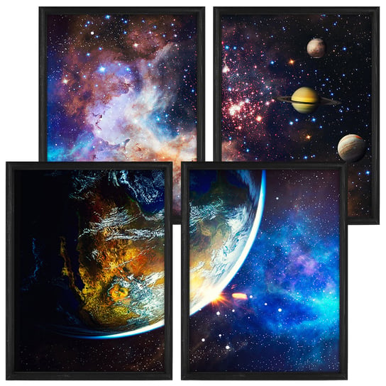 Galeria 4 Plakatów “Galaktyka I” – Zestaw Grafik W Czarnych Ramach, Kolaż Ścienny POSTERGALERIA