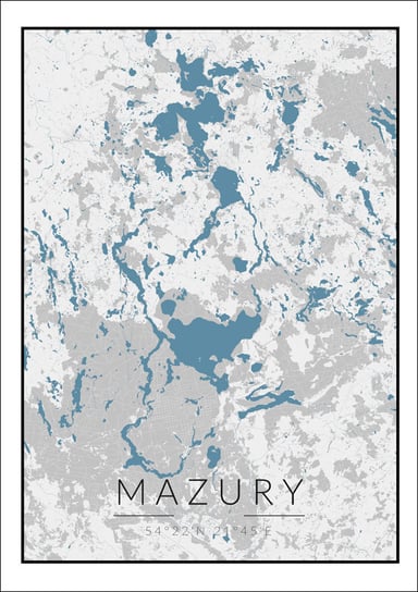 Galeria Plakatu, Mazury mapa czarno biało niebieska, 20x30 cm Galeria Plakatu