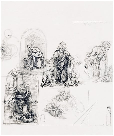 Galeria Plakatu, Plakat, Compositional Sketches for the Virgin Adoring the Christ Child, with and without the Infant St. John the Baptist; Diagram of a Perspectival Projection (1480–1485) drawing in Galeria Plakatu