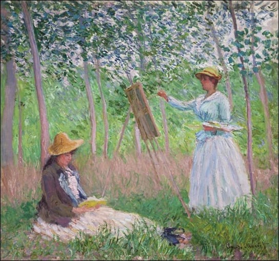 Galeria Plakatu, Plakat, In the Woods at Giverny, Blanche Hoschedé at Her Easel with Suzanne Hoschedé Reading, Claude Monet, 60x60 cm Galeria Plakatu