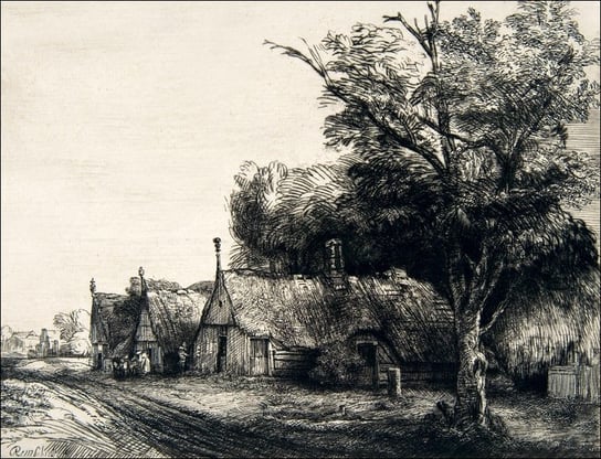 Galeria Plakatu, Plakat, Landscape with Three Gabled Cottages Beside a Road, Rembrandt, 42x29,7 cm Galeria Plakatu