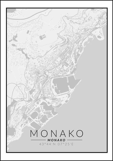 Galeria Plakatu, Plakat, Monako Mapa Czarno Biała, 61x91,5 cm Galeria Plakatu