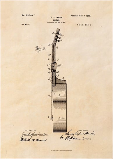 Galeria Plakatu, Plakat, Patent GC Ward Gitara Projekt z 1898, sepia, 30x40 cm Galeria Plakatu