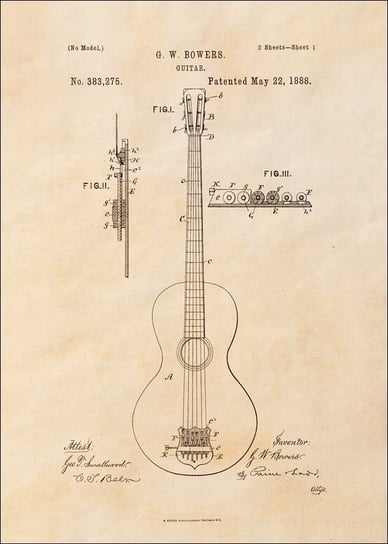 Galeria Plakatu, Plakat, Patent GW Bowers Gitara Projekt z 1888, sepia, 61x91,5 cm Galeria Plakatu