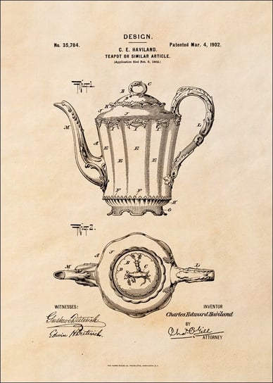 Galeria Plakatu, Plakat, Patent Haviland Dzbanek na herbatę Projekt z 1902, sepia, 20x30 cm Galeria Plakatu