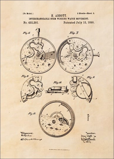 Galeria Plakatu, Plakat, Patent Zegarek Nakręcany II Projekt z 1890, sepia, 20x30 cm Galeria Plakatu