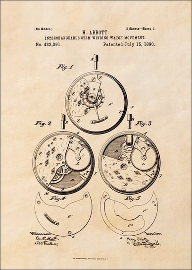 Galeria Plakatu, Plakat, Patent Zegarek Nakręcany Projekt z 1890, sepia, 21x29,7 cm Galeria Plakatu