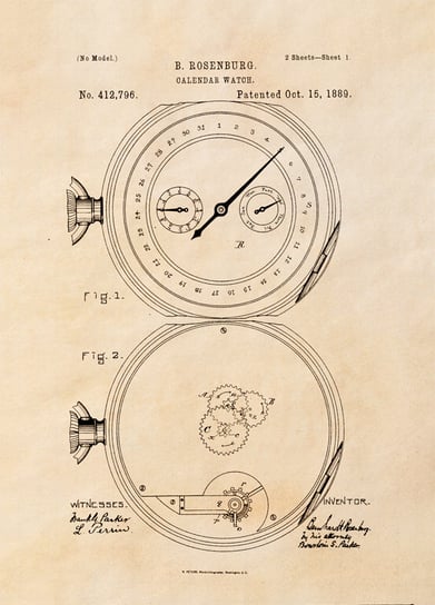 Galeria Plakatu, Plakat, Patent Zegarek z Kalendarzem Projekt z 1889, sepia, 59,4x84,1 cm Galeria Plakatu