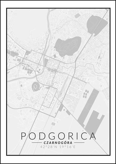 Galeria Plakatu, Plakat, Podgorica Mapa Czarno Biała, 21x29,7 cm Galeria Plakatu