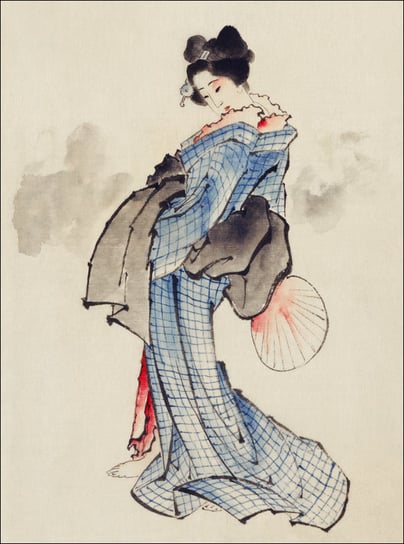 Galeria Plakatu, Plakat, Woman, Full-Length Portrait, Standing, Facing Left, Holding Fan in Right Hand, Wearing Kimono, Hokusai, 20x30 cm Galeria Plakatu