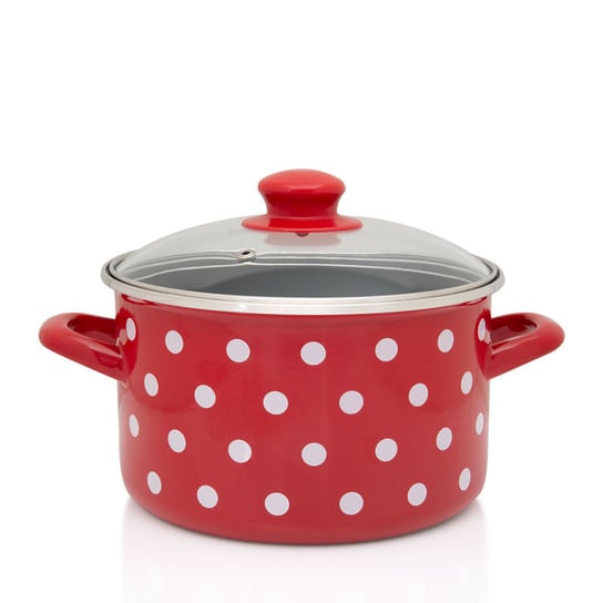 Garnek emaliowany ze szklaną pokrywką, 22 cm 5.0l, czerwony, kolekcja Dots on red | Metalac Metalac