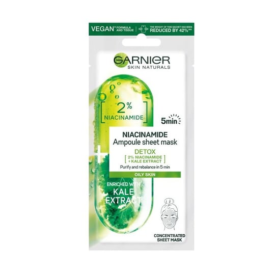 Garnier, Niacinamide Ampoule Sheet Mask, Ampułka detoksykująca w masce na tkaninie witaminą B3 i ekstraktem z jarmużu, 15 g Garnier