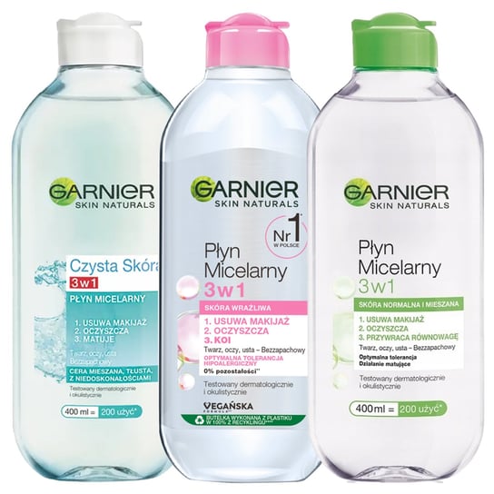 GARNIER Płyn micelarny Czysta skóra 400ml + GARNIER Płyn micelarny Skóra wrażliwa 400ml + GARNIER Płyn micelarny Skóra wrażliwa i mieszana 400ml Garnier