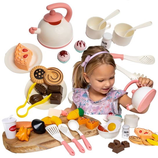 Garnki, czajnik, kuchnia kuchenka, duży  zestaw kuchenny dla dzieci, warzywa do krojenia, zabawkowe jedzenie Doris