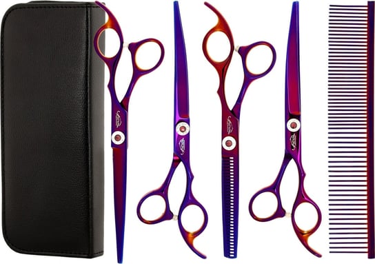 GEPARD zestaw fryzjerski degażówki 6,5 + 2 x nożyczki + nożyczki gięte praworęczne groomerskie 7,0 + futerał + stalowy grzebień fryzjerski do strzyżenia włosów do salonu Calissimo