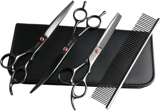 GEPARD zestaw fryzjerski degażówki i nożyczki + nożyczki gięte w górę praworęczne groomerskie 7,0 + futerał stalowy grzebień do strzyżenia włosów do salonu z serii Superior Calissimo
