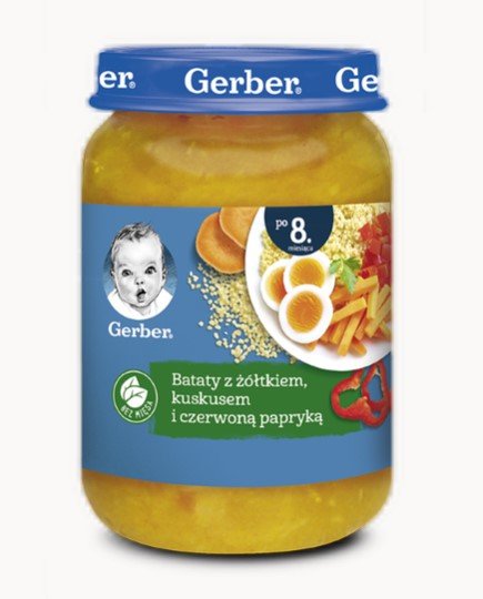 Gerber, Obiadek bataty z żółtkiem kuskusem i czerwoną papryką dla niemowląt po 8 miesiącu, 190 g Gerber