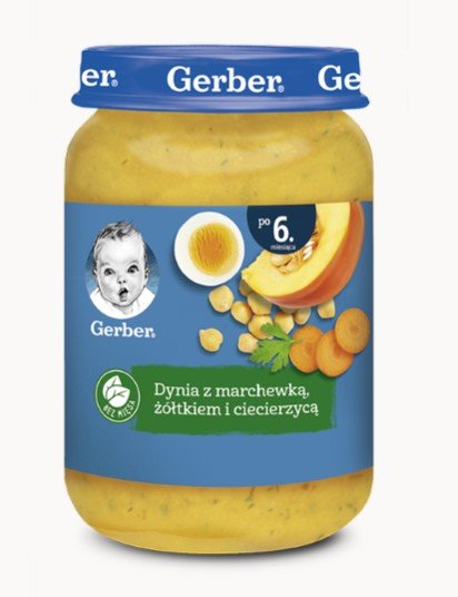 Gerber, Obiadek dynia z marchewką żółtkiem i ciecierzycą dla niemowląt po 6 miesiącu, 190 g Gerber