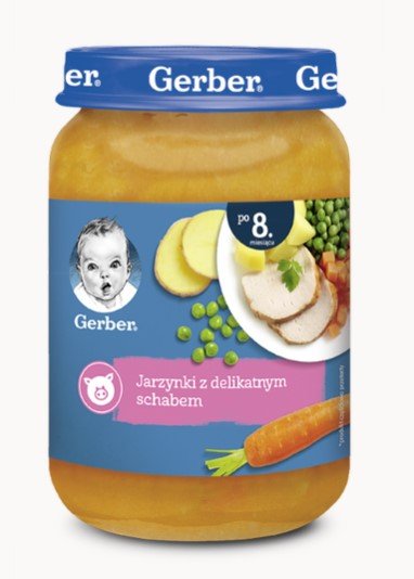Gerber, Obiadek Jarzynki z delikatnym schabem dla niemowląt po 8 miesiącu, 190 g Gerber
