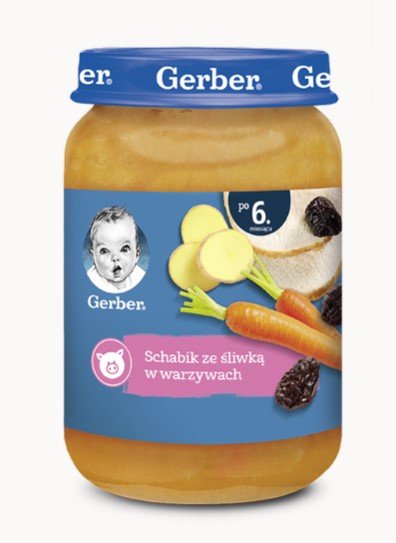 Gerber, Obiadek Schabik ze śliwką w warzywach dla niemowląt po 6 miesiącu, 190 g Gerber