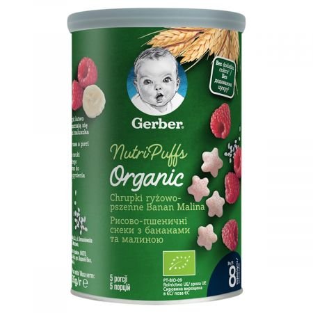 Gerber Organic Chrupki ryżowo pszenne banan malina dla niemowląt po 8 miesiącu 35 g Bio Gerber