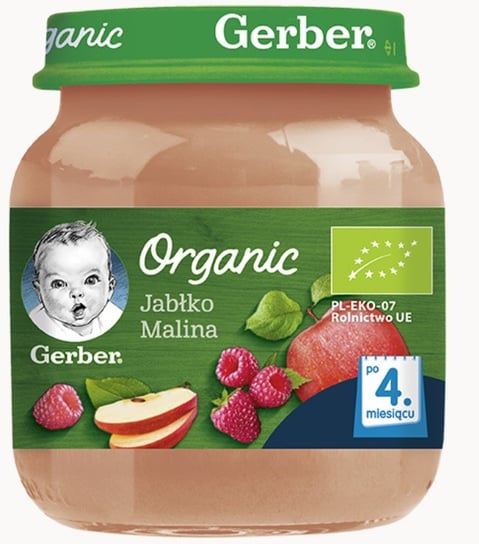 Gerber Organic, Deserek Jabłko malina dla niemowląt po 4 miesiącu, 125 g Gerber