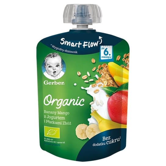 Gerber Organic Deserek w tubce banany mango z jogurtem i płatkami zbóż dla niemowląt po 6 miesiącu 90 g Bio Gerber