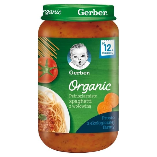 Gerber Organic Obiadek pełnoziarniste spaghetti z wołowiną dla niemowląt po 12 miesiącu 250 g Bio Gerber