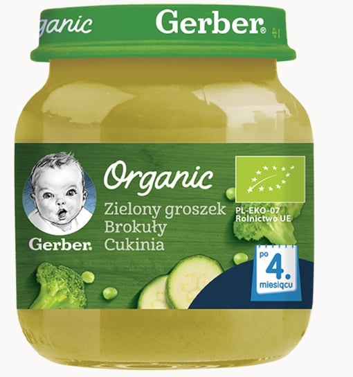 Gerber Organic, Obiadek Zielony groszek brokuły cukinia dla niemowląt po 4 miesiącu, 125 g Gerber
