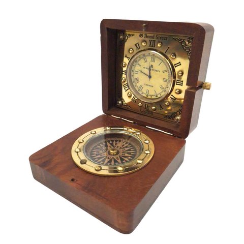 GiftDeco, Ekskluzywny Zestaw: Mosiężny Kompas i Zegar w Drewnianym Pudełku GIFTDECO
