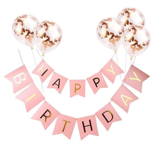 Girlanda urodzinowa Happy Birthday Różowa, złoty napis, Mała, 16cm PartyDeco