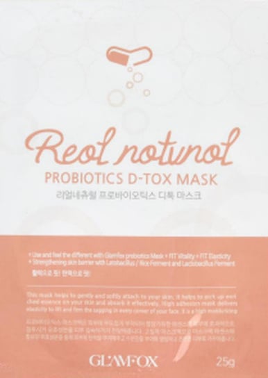Glamfox Probiotics D-Tox Mask Detoksykująca Maska Probiotyczna W Płachcie Do Skóry Odwodnionej, Poszarzałej, Z Pierwszymi Oznakami Starzenia Się 25g. Glamfox