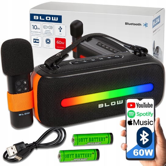 GŁOŚNIK BLUETOOTH PRZENOŚNY RADIO FM USB BEZPRZEWODOWY KARAOKE RGB MIKROFON Blow