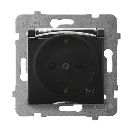Gniazdo bryzgoszczelne z uziemieniem schuko IP-44 z przesłonami torów prądowych wieczko przezroczyste, czarny metalik ARIA OSPEL