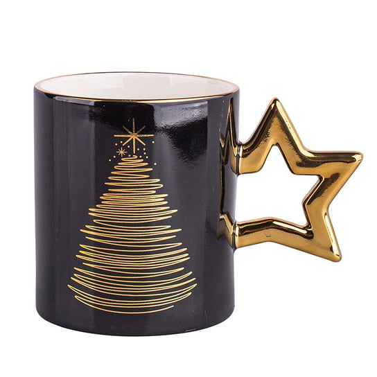 Golden Christmas, Kubek świąteczny prosty Nbc, ze złotym uchem w kształcie gwiazdki, Czarny Gift Box z pokrywką Pvc, 350 ml ALTOMDESIGN