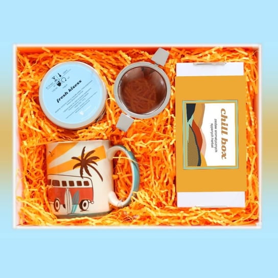 Gotowy Zestaw Kosz Box Prezentowy „Chillbox Wschód Słońca“ Herbaty Smakowe Premium Ziołowa Mieszanka Kubek Zaparzacz Prezent Upominek Podziękowanie Dla Kobiety Cup&You