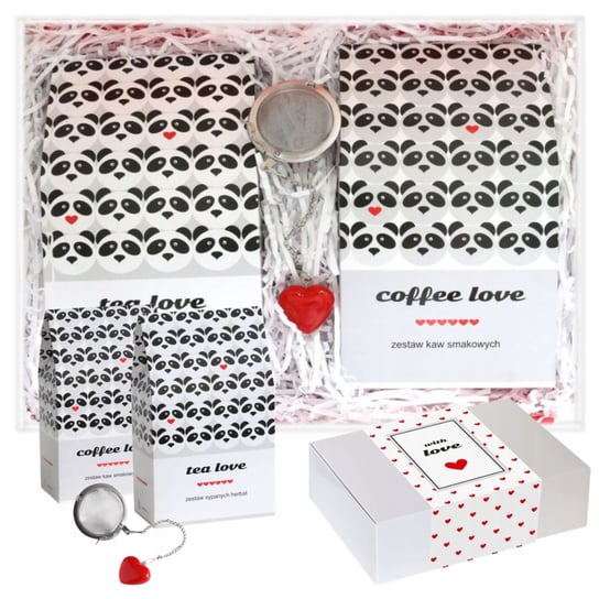 Gotowy zestaw prezentowy „Lovebox NAPÓJ MIŁOSNY“ kawy aromatyzowane herbaty sypane PREMIUM zaparzacz x2 prezent upominek na waletynki dla zakochanych kobiety żony męża faceta Cup&You
