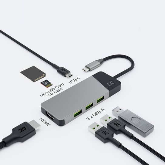 Green Cell Hub Usb-c Adapter Gc Connect 7w1 (3xusb 3.1, Hdmi 4k 60hz, Usb-c Pd 85w, Microsd/sd) Green Cell