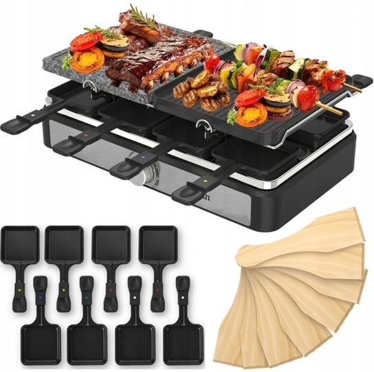 GRILL ELEKTRYCZNY RACLETTE 2W1 na 8 OSÓB NON STICK + PŁYTA KAMIEŃ 1400W ...
