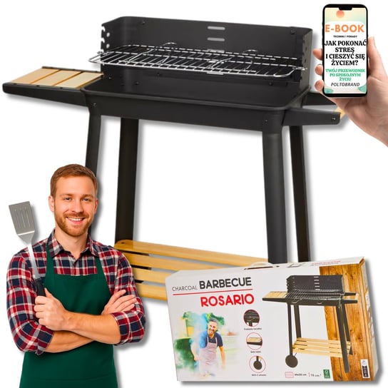 GRILL OGRODOWY WĘGLOWY NA KÓŁKACH – Z DREWNIANYMI PÓŁKAMI & RUSZTEM 5-STOPNIOWYM + EBOOK-1 Pltb