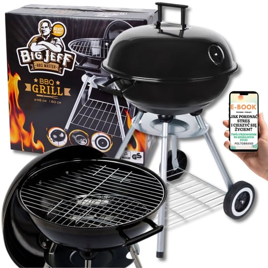 GRILL WĘGLOWY Z POKRYWĄ OKRĄGŁY KULISTY Z WENTYLACJĄ ZAMYKANY NA KÓŁKACH Z PÓŁKĄ + EBOOK-1 Pltb